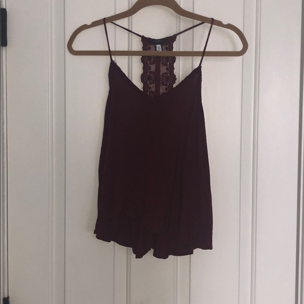 Dark red racer back tank top with floral mesh back